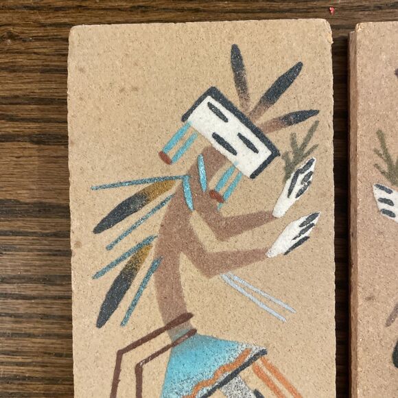 Pair Navajo Sand Art Painting  American Southwest Vintage On Wood MCM - Picture 3 of 9
